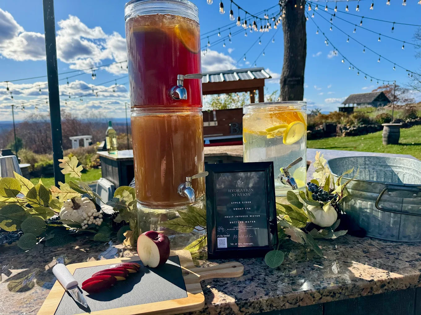 Hydration station with apple cider, iced tea and infused water